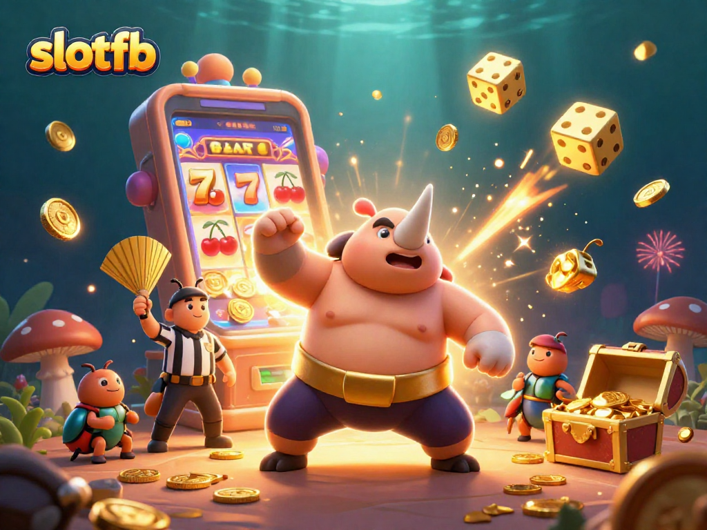 Engage with slotfb's vibrant scene of a sumo beetle champion amidst flying coins, slot machine jackpots, and festive casino elements.