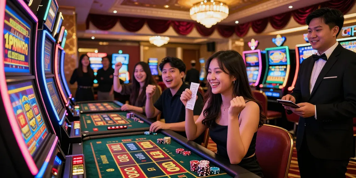 Slot Gacor: Suasana kasino yang ramai dengan pemain yang merayakan kemenangan.
