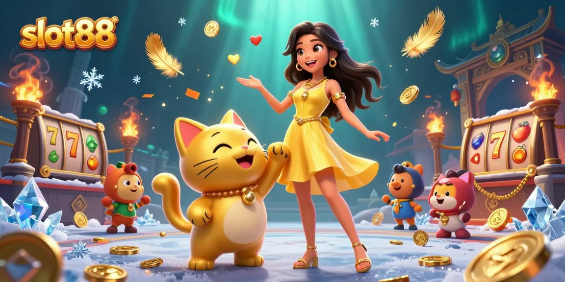 Engage with slot88's exciting atmosphere featuring a cheerful Asian woman and lucky cat amidst vibrant casino elements.