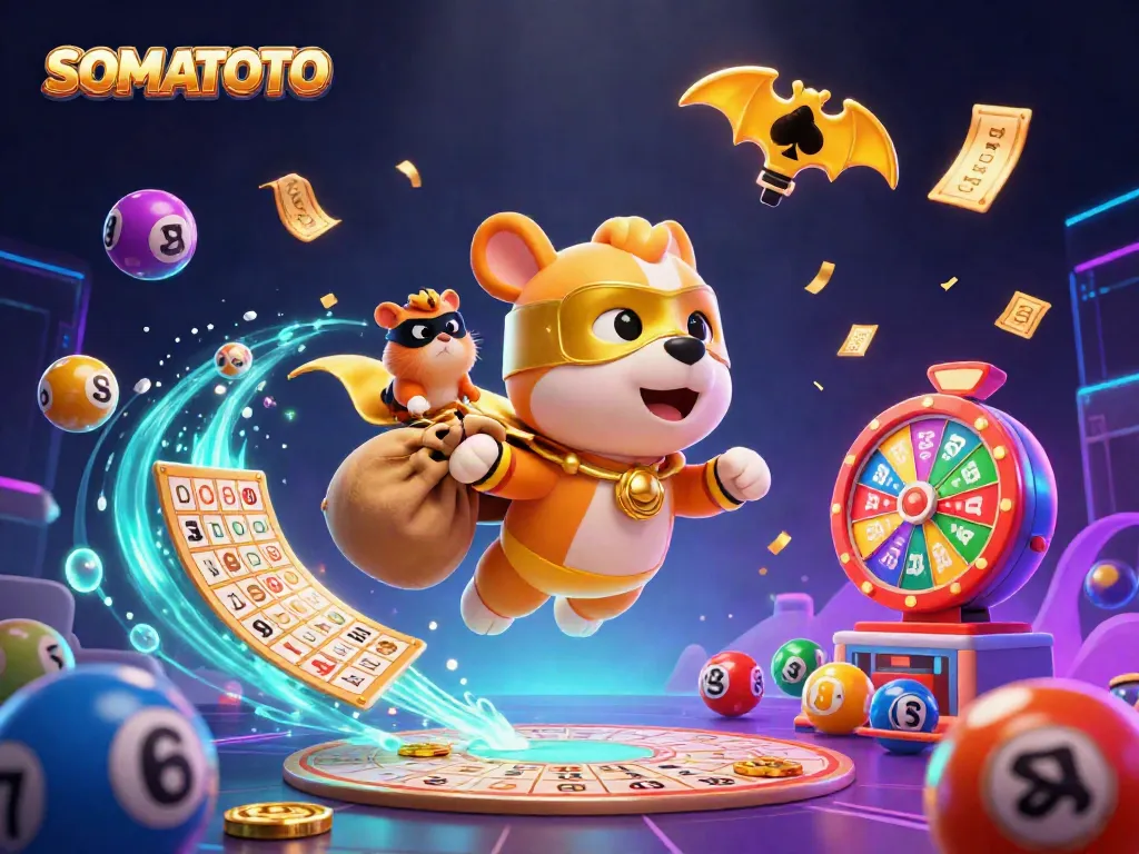 SOMATOTO's exciting 3D illustration showcases a superhero dog, hamster sidekick, and dynamic lottery elements.