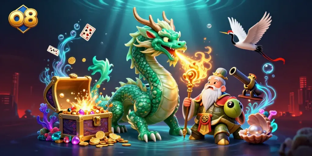 Experience the thrill of the o8 casino with a dragon breathing fire, surrounded by treasures and gaming elements.
