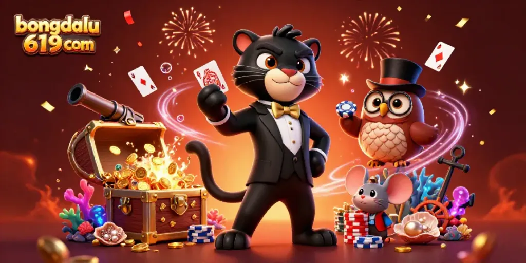 Experience the dynamic energy at bongdalu 619 com where a stylish black panther, wise owl, and lucky mouse celebrate with poker chips and treasures.
