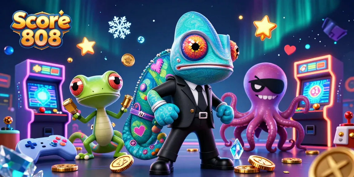 Experience high-stakes gaming in Score 808's vibrant casino scene with colorful characters and gold coins.