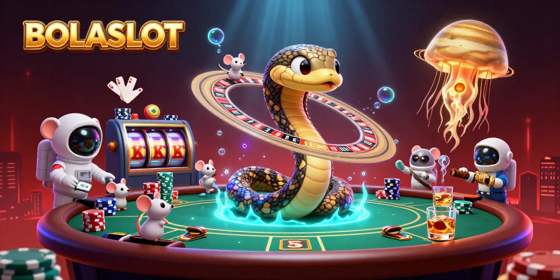 BOLASLOT showcases a cosmic scene with cartoon Saturn ring snake as a roulette wheel, casino elements, and vibrant colors.