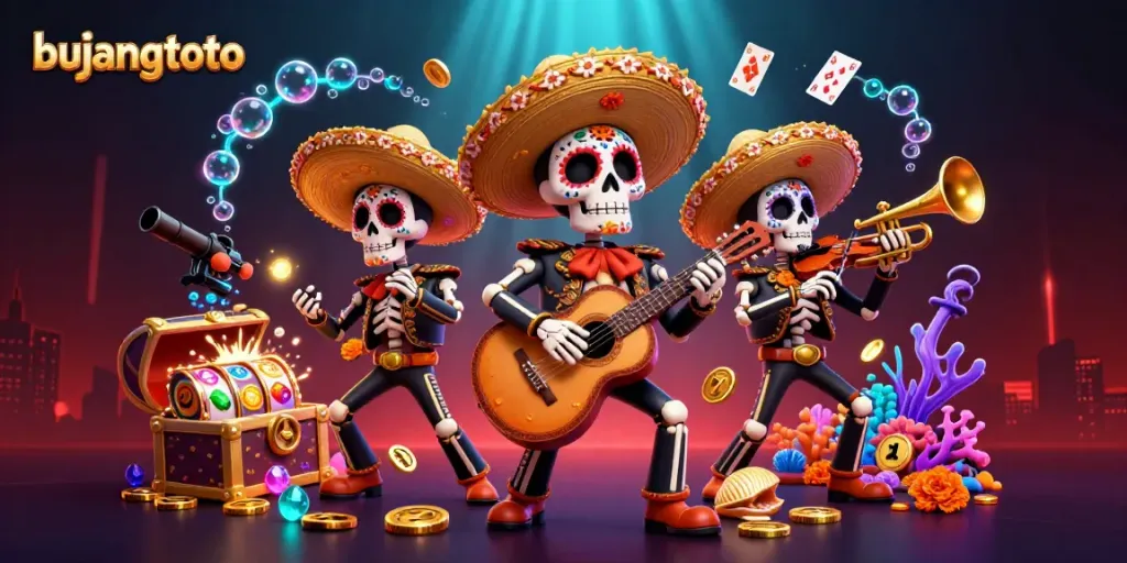 Bujangtoto showcases a vibrant scene with skeleton mariachi band and dynamic casino elements.