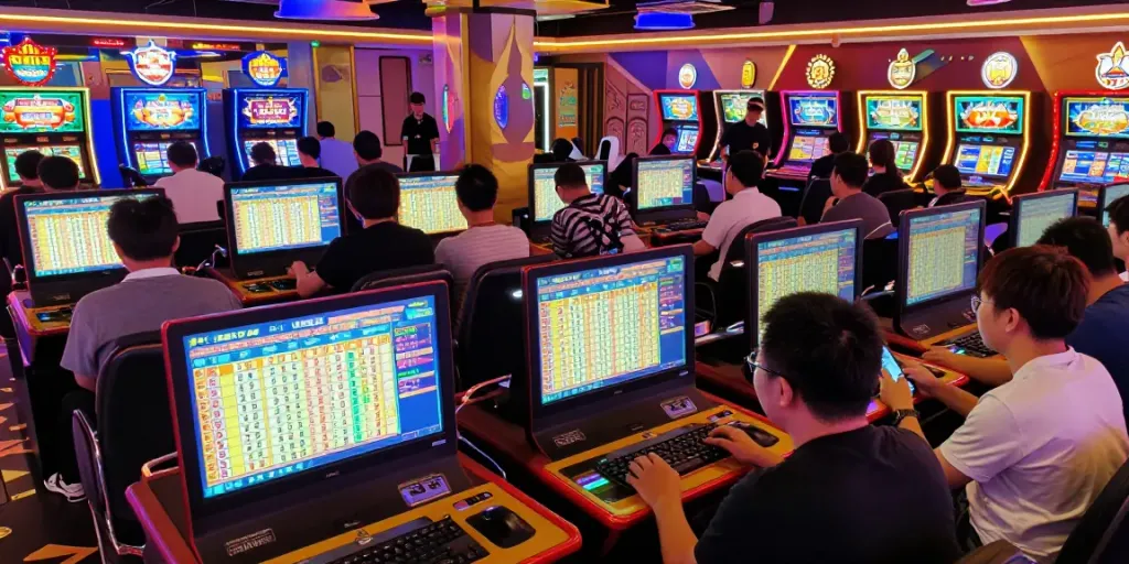 Hasil Toto Macau 4D terbaru di ruang permainan dengan pemain bersemangat dan layar digital menampilkan data langsung.