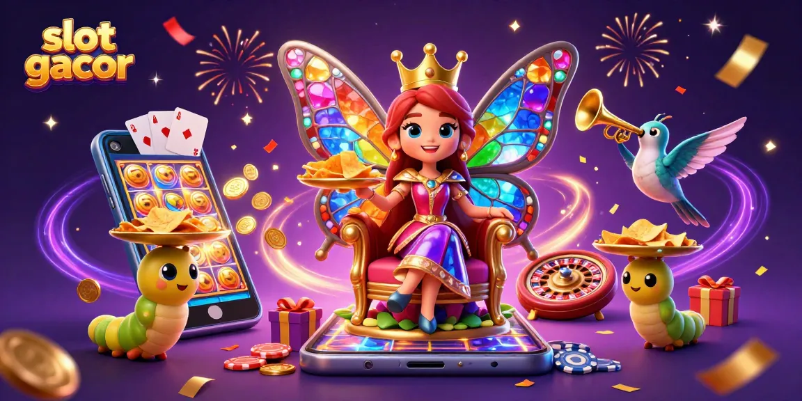 Menangkan slot gacor dengan tampilan mewah dan elemen menarik, termasuk ratu kupu-kupu dan permainan slot.