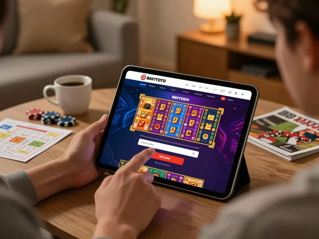 Engaging with BAYITOTO login platform for exciting online togel games in a cozy home setting.
