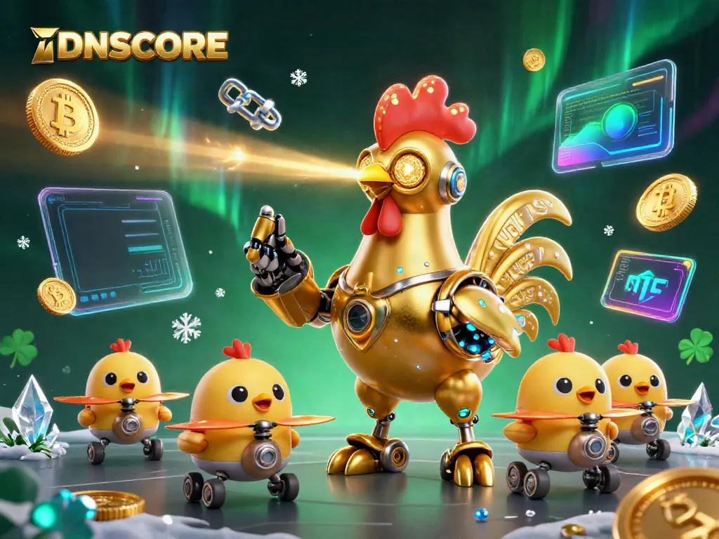IDNSCORE showcases a vibrant 3D scene of a golden rooster robot and baby chick drones, emphasizing winning opportunities in gaming.