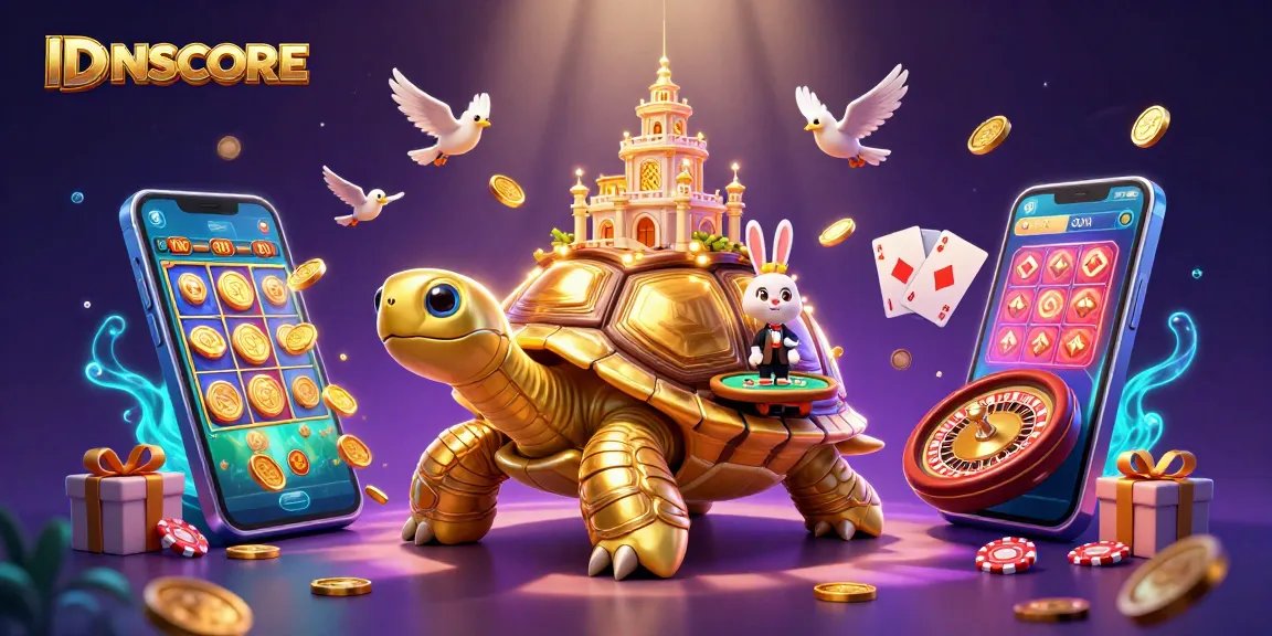 Experience IDNSCORE's vibrant casino scene with a golden tortoise, rabbit dealer, and exciting gaming elements.