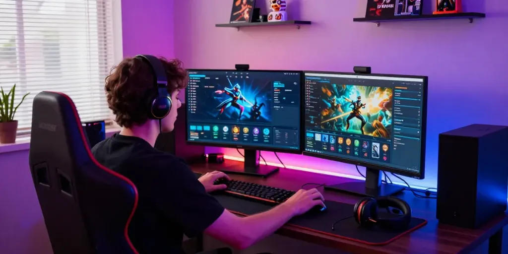 Pengalaman bermain HOKI99 dengan gamer fokus di meja modern dikelilingi pencahayaan LED.