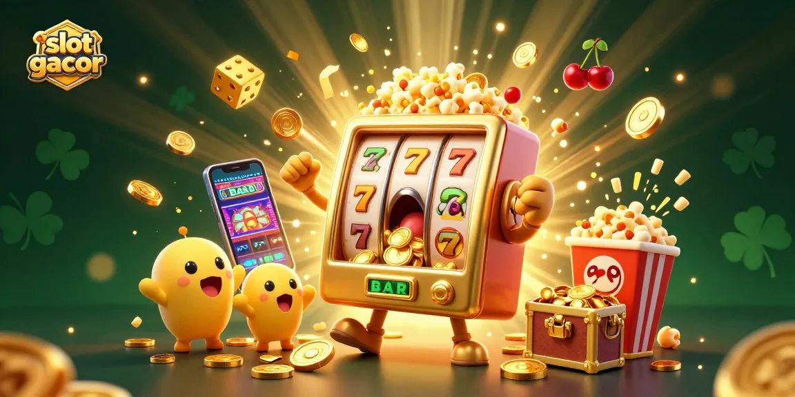 Slot gacor yang terlambung uang dari mesin slot, menandakan jackpot dengan keceriaan karakter.