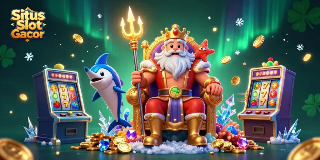 Situs Slot Gacor menghadirkan jackpot megah dengan permainan slot dan raja laut dalam ilustrasi yang memukau.
