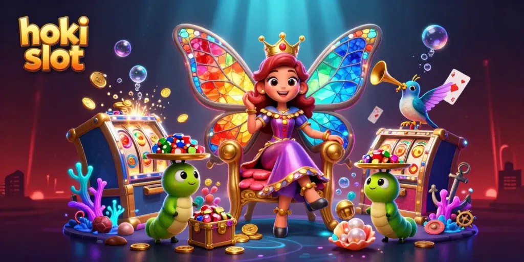 Raih keberuntungan di hoki slot dengan ilustrasi kasino yang penuh warna dan elemen menarik.