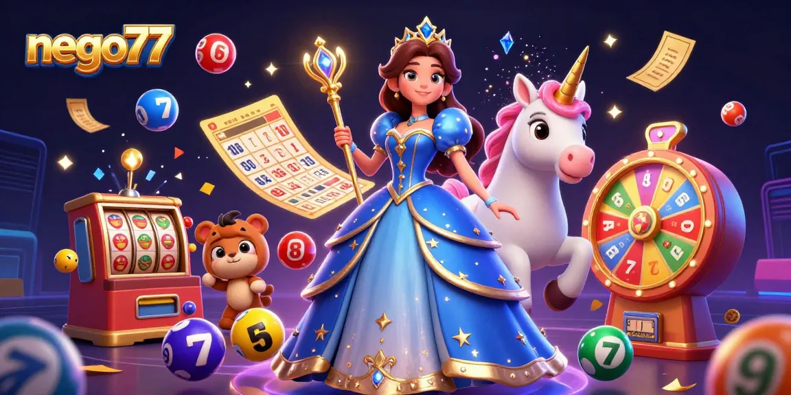 Nego77 celebrates online casino excitement with a dynamic 3D illustration featuring vibrant lottery elements.