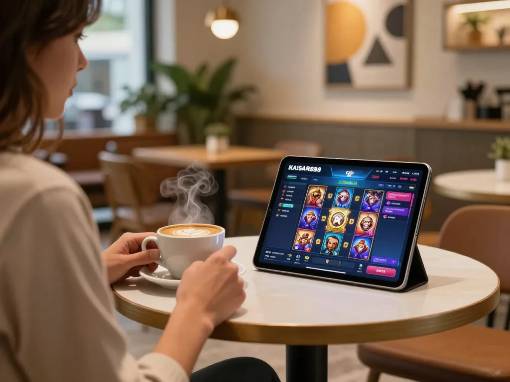 Kaisar888 gaming experience with coffee in an aesthetic café setting