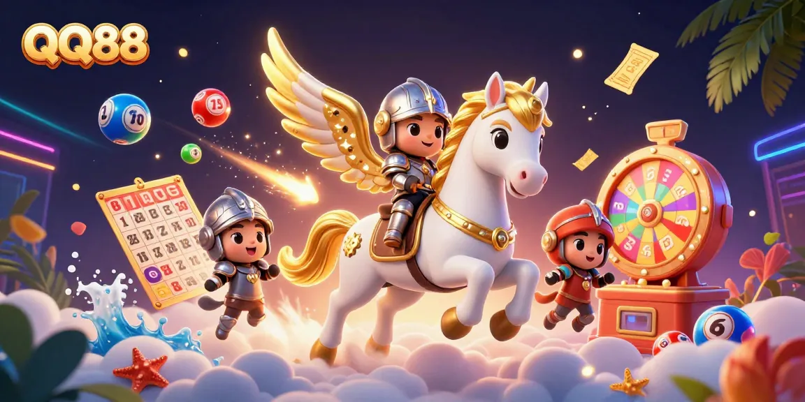 Experience the excitement at QQ88 with colorful lottery elements and a magical horse scene.