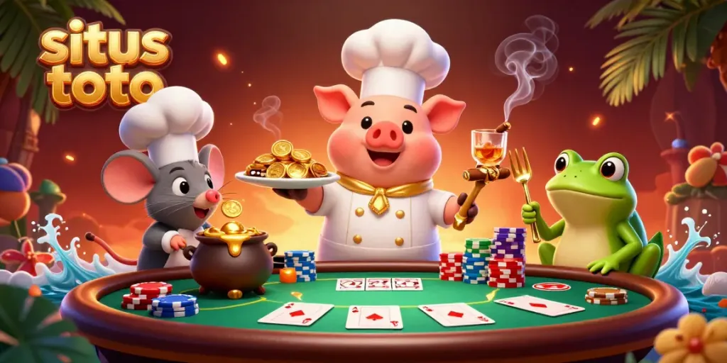 Engaging scene with situs toto characters enjoying coins, poker chips, and a vibrant casino setting.