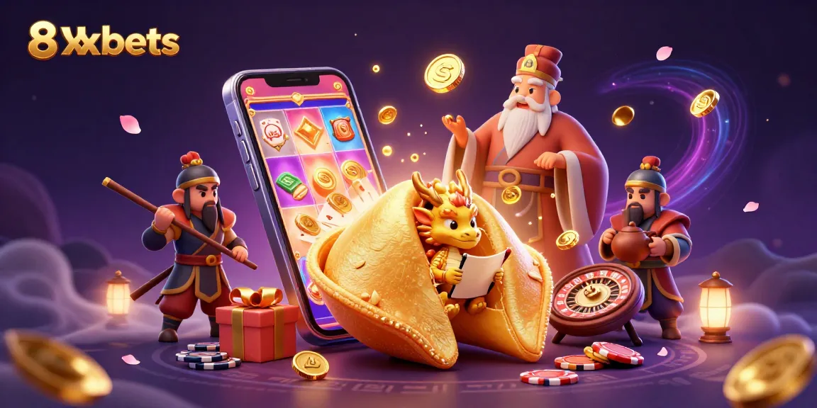Experience the vibrant 8xbets universe with a golden fortune cookie and gaming elements in a dynamic 3D scene.