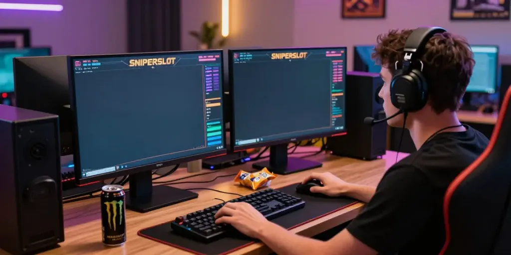 Pengguna aktif bermain sniperslot di ruang permainan modern dengan pencahayaan neon.