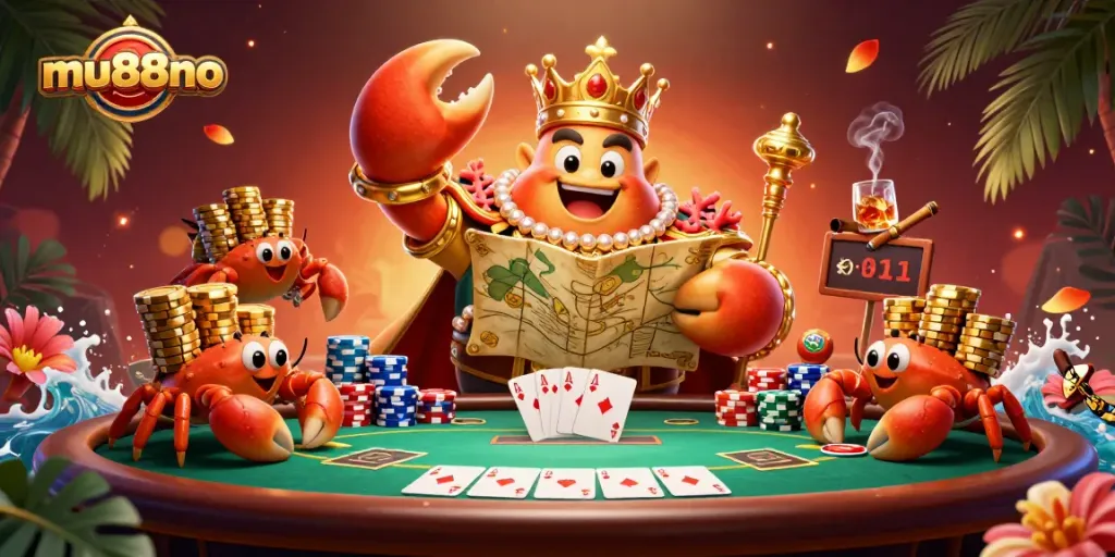 Engage in thrilling poker action with mu88no's golden crab emperor and poker elements.