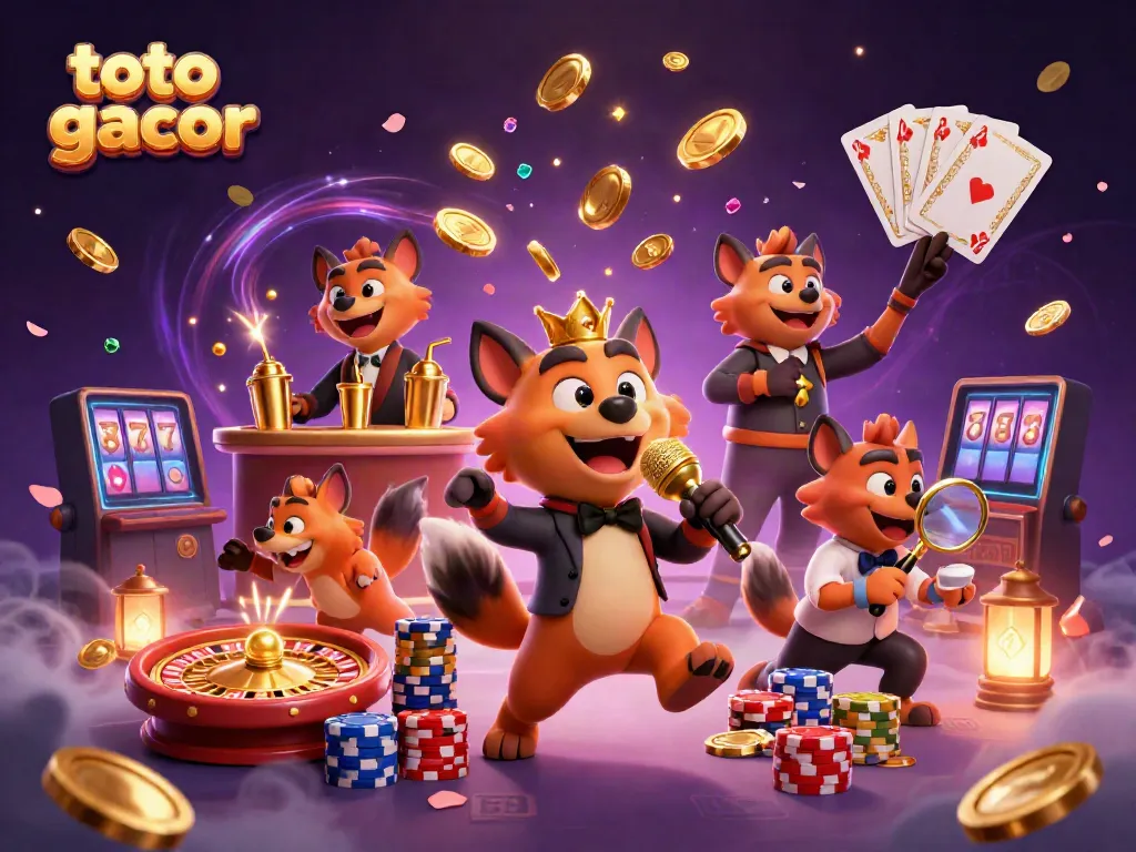 Ilustrasi slot gacor dengan hyena yang berkomedi, bartender, dan pemeriksa ID dikelilingi koin dan permata berkilau