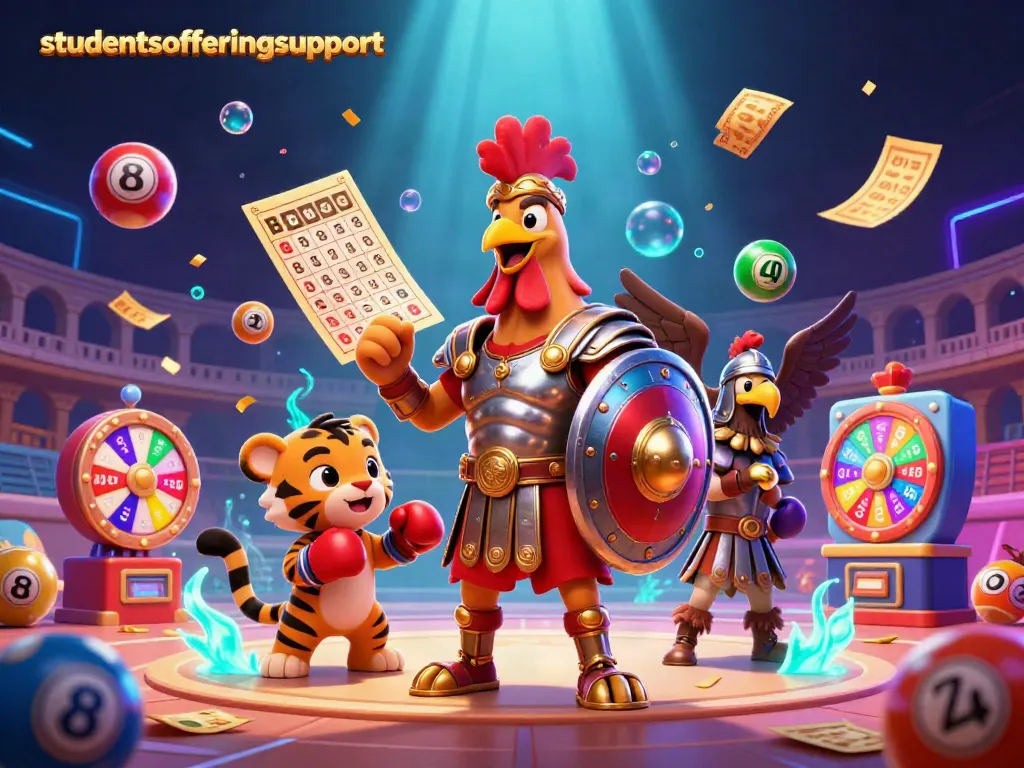 menggambarkan studentsofferingsupport dengan karakter ayam jantan gladiator dan bola lotere yang beraksi dengan warna-warni di arena, menciptakan suasana kasino yang meriah