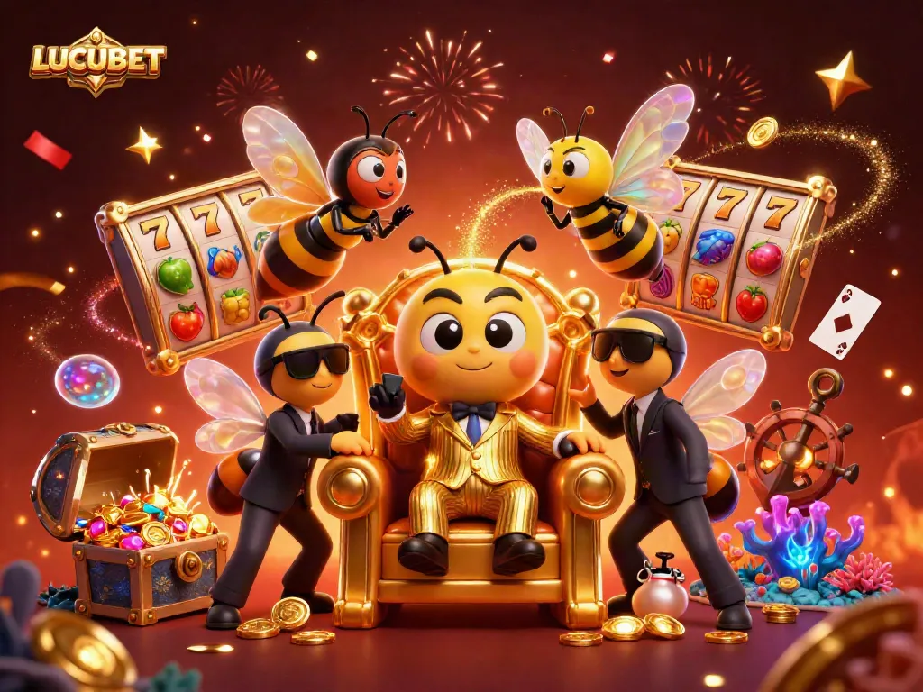LUCUBET showcases a lively slot scene with vibrant characters and dynamic game elements.