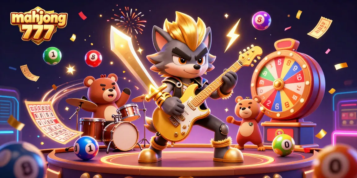 Experience the excitement of mahjong 777 as a rock star wolf and a drummer bear energize a vibrant casino stage.