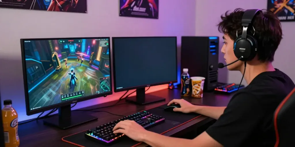 Gamer menggunakan bukumimpi138 login di ruang bermain modern dengan grafik permainan yang dinamis.