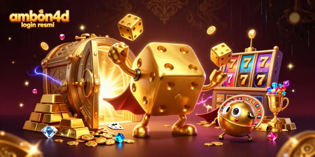 Experience the excitement of ambon4d login resmi with vibrant casino illustration filled with golden treasures and dynamic game elements.