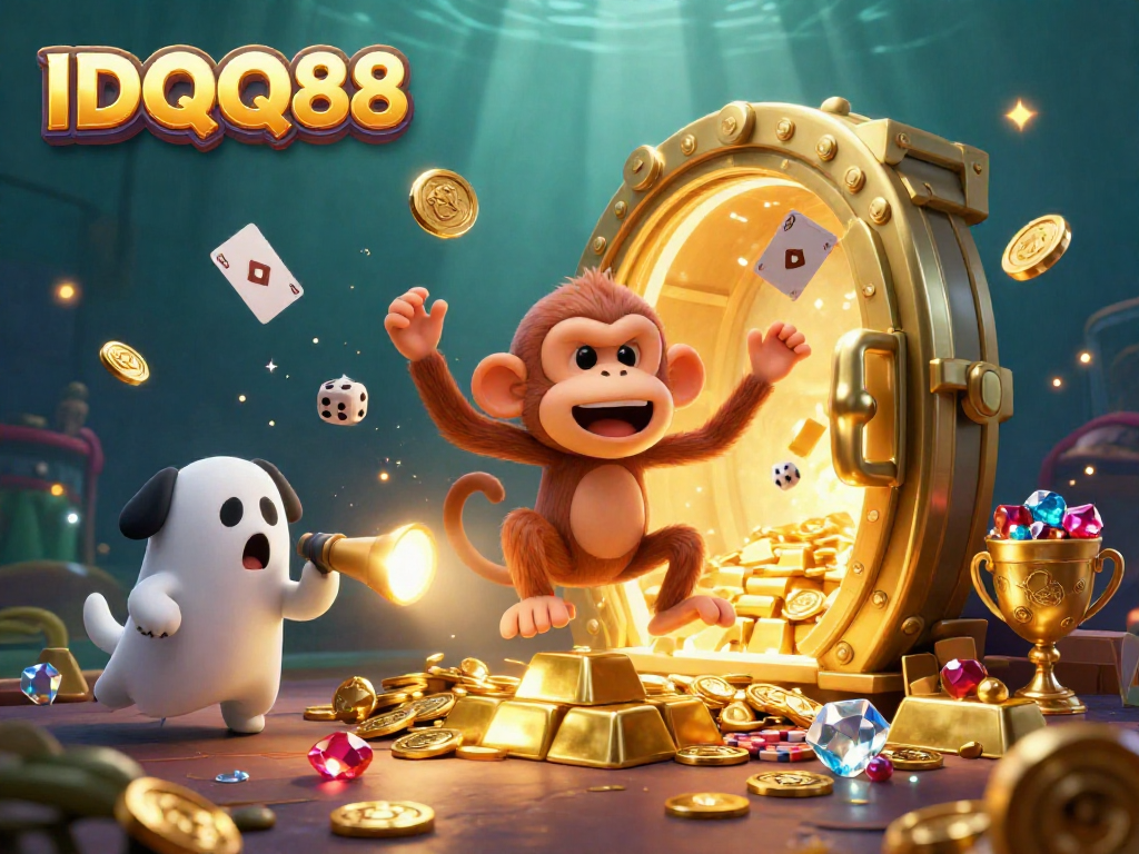 IDQQ88 showcases a lively haunted casino scene with a quirky ghostly monkey and puppy tracking treasures.