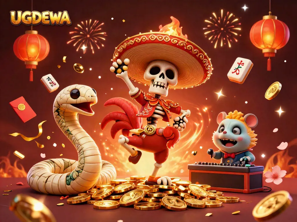 Experience the thrill of UGDEWA with vibrant characters and casino-themed elements floating around.