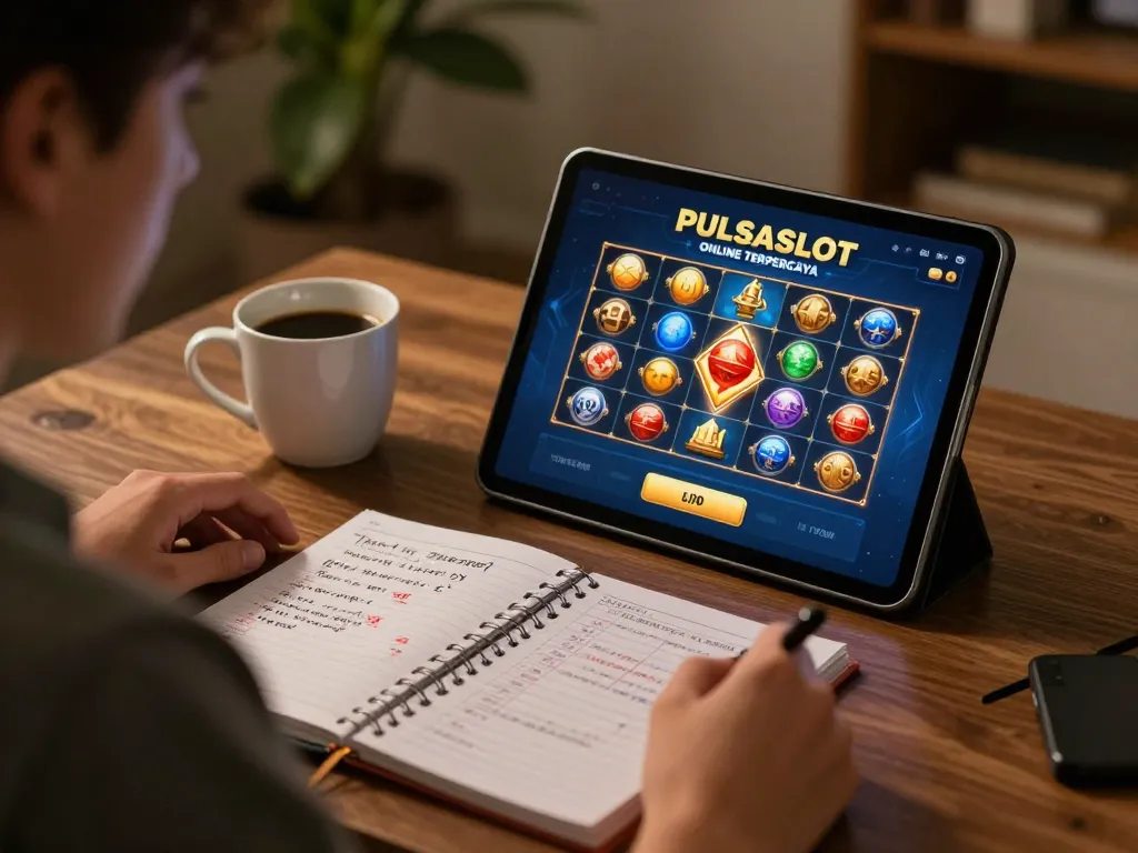 PULSASLOT SLOT ONLINE TERPERCAYA interface displayed on tablet during a focused online gaming session with strategy notes.