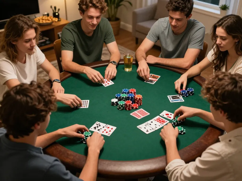 Teman-teman bermain poker di rumah, merencanakan strategi dengan chip berwarna-warni sambil menikmati link mpo777.