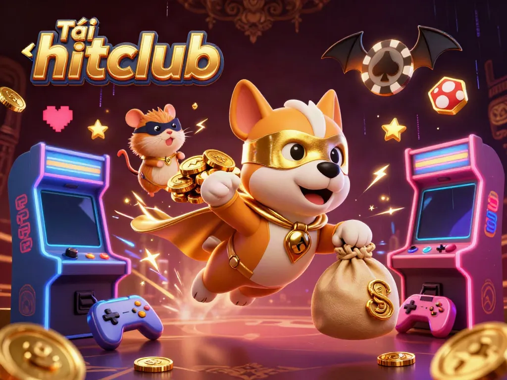 Engage with top casino games and excitement by downloading Tải hitclub, featuring colorful casino elements and lively characters.