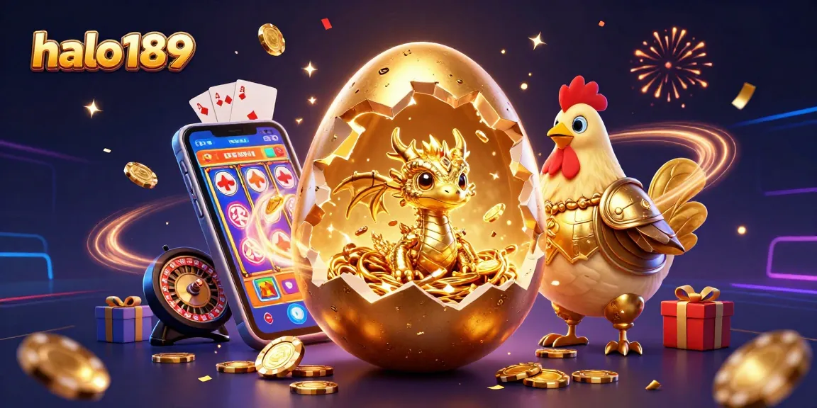 Experience winning excitement at halo189 with a golden dragon amidst poker chips and slot games.