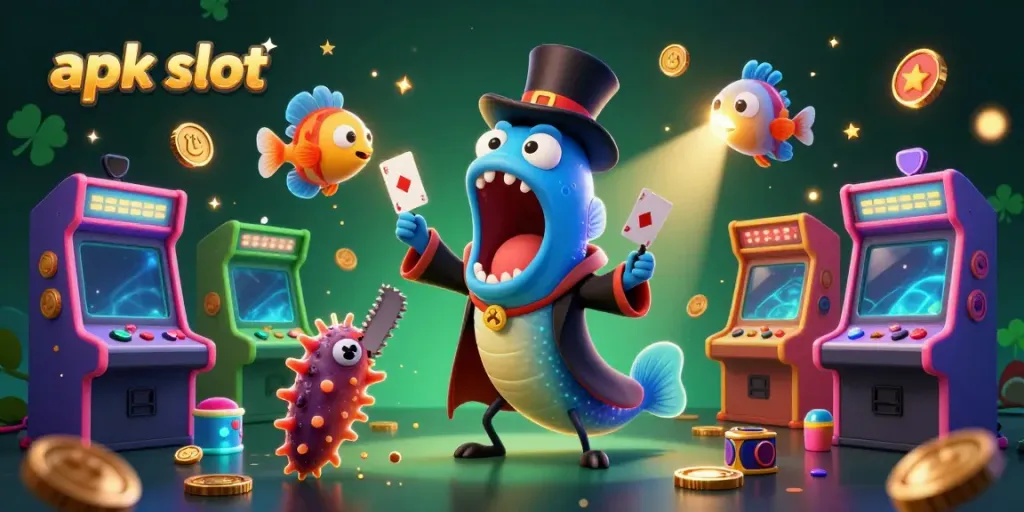 Ilustrasi 3D menunjukkan apk slot dengan karakternya yang penuh warna dan permainan mesin slot yang menarik.