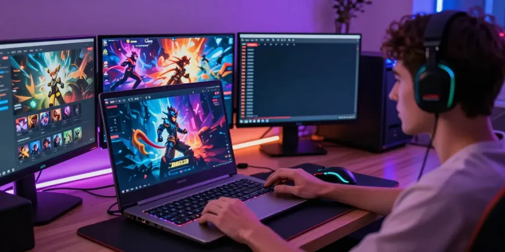 Pengalaman bermain game online di BABE138 dengan laptop modern dan aksesori gamer.