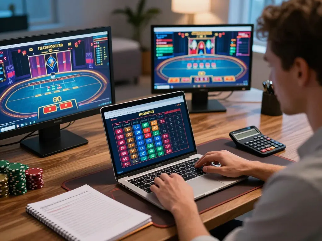 Player accessing lc88 online casino to analyze poker odds with laptop and notes.