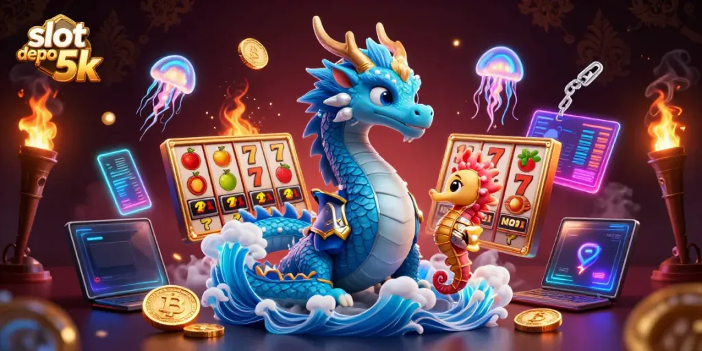 Play thrilling gaming adventures by engaging with slot depo 5k featuring dragons, seahorses, and neon visuals.