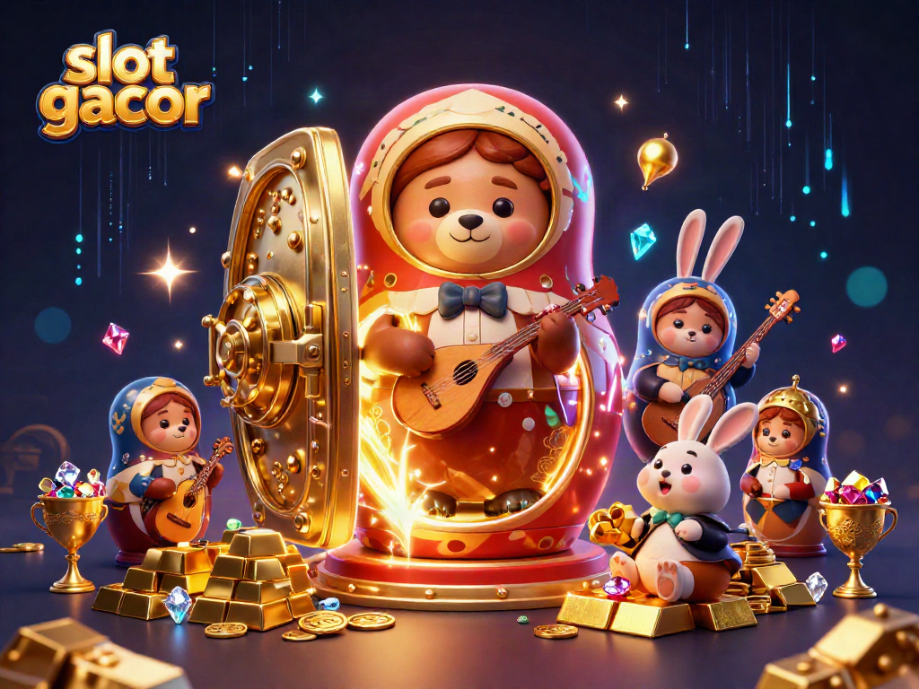 Mesin slot gacor dengan karakter beruang Matryoshka dan dealer kasino yang meriah.