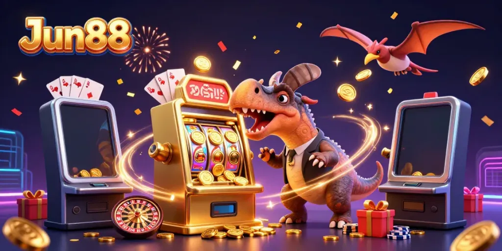 Jun88 presents a lively casino scene with characters celebrating as a pachycephalosaurus wins a jackpot, flying coins abound.