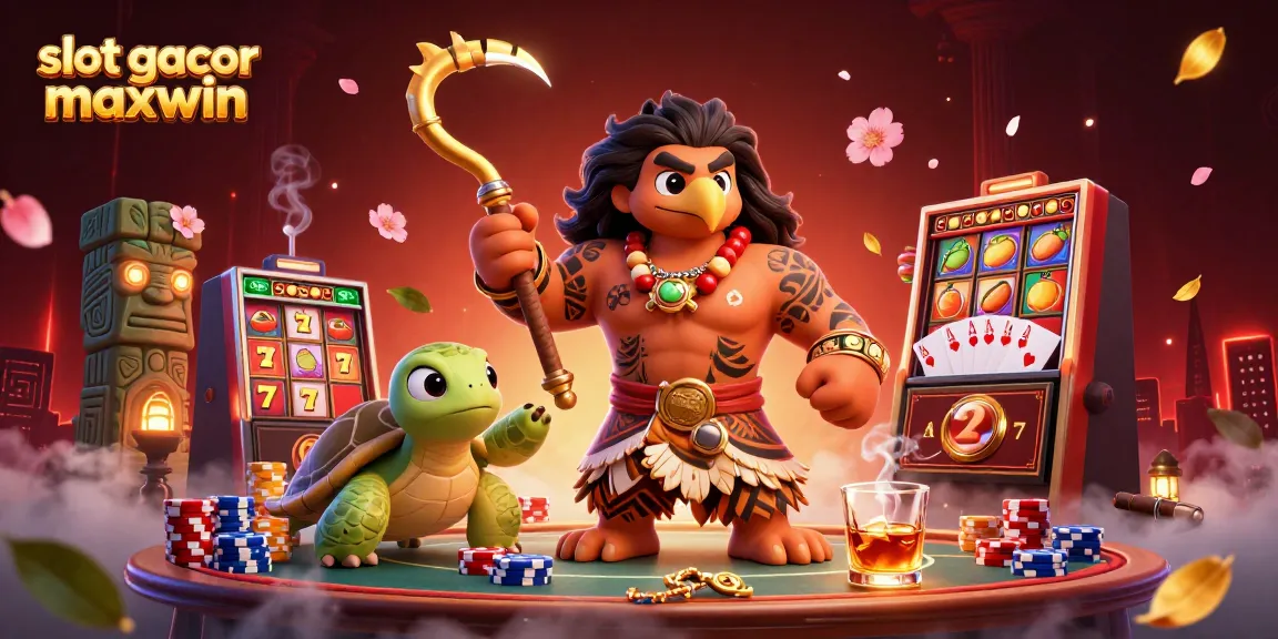 Memenangkan slot gacor maxwin dengan ilustrasi 3D, menampilkan mesin slot dan karakter menarik di dalamnya.