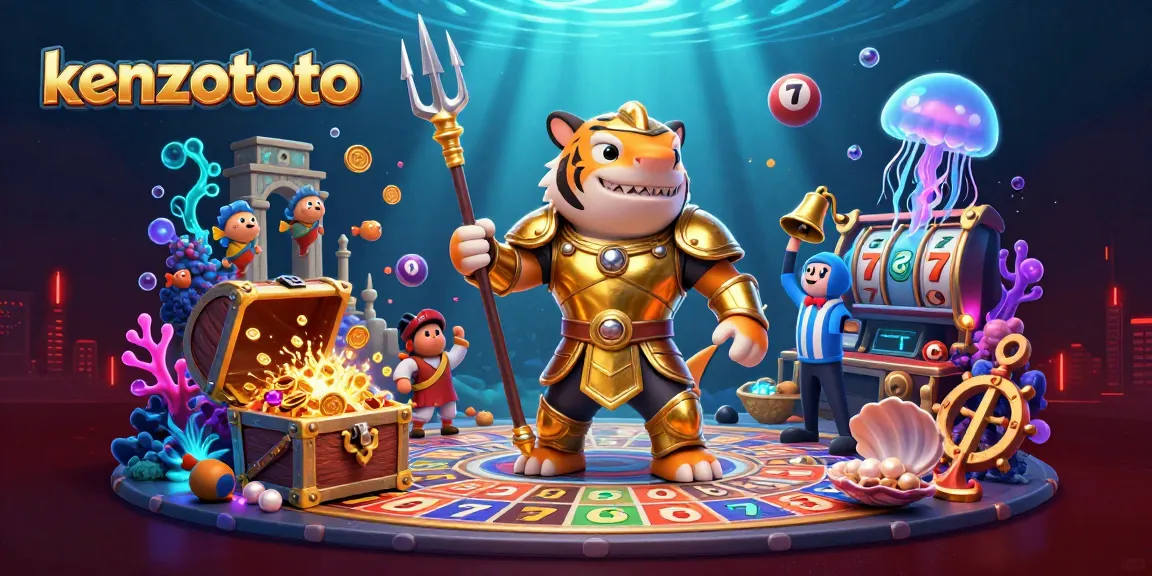 Kenzototo showcases a vibrant underwater lottery scene with dynamic characters and game elements.