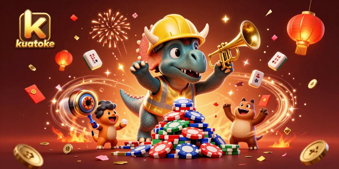 Kuatoke showcasing a vibrant casino scene with a triceratops and festive elements celebrating gambling excitement.