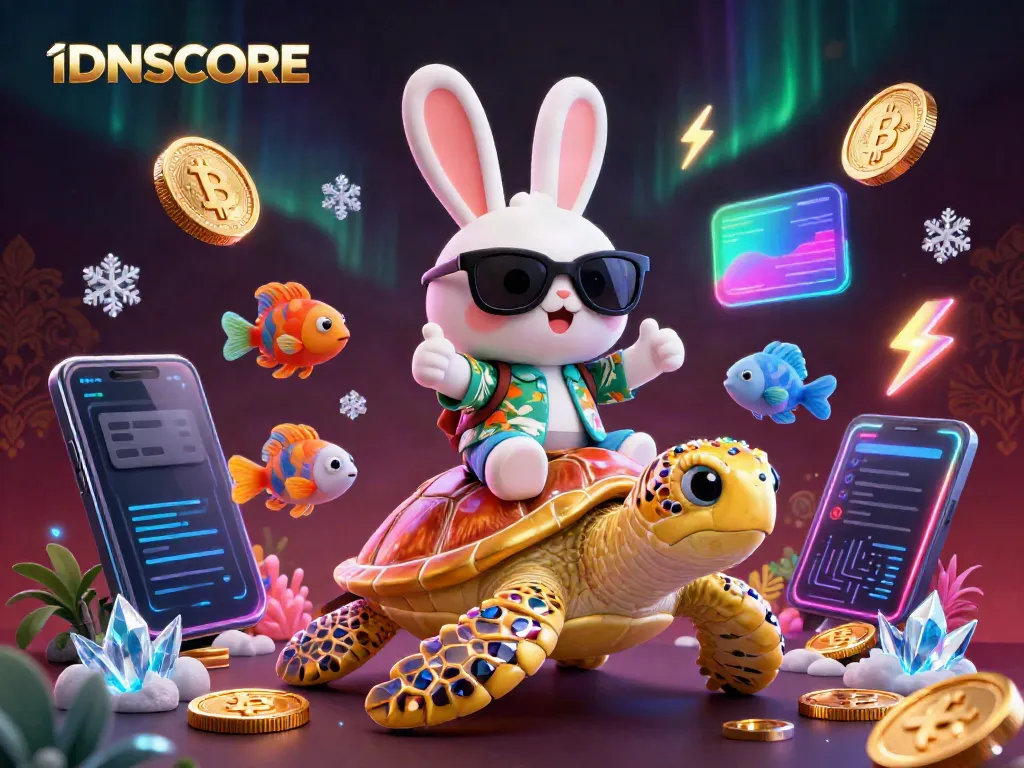 IDNSCORE showcases an engaging scene of luck and wisdom featuring a cartoon rabbit and golden turtle.