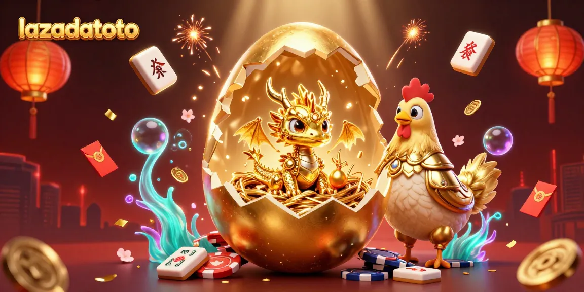 Join the excitement of lazadatoto as a golden egg reveals a dragon amidst vibrant gambling elements.