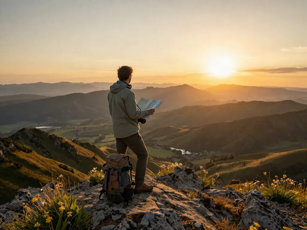 Pemandangan perjalanan di https://pakhoki.net/ dengan pendaki di puncak gunung saat matahari terbenam.
