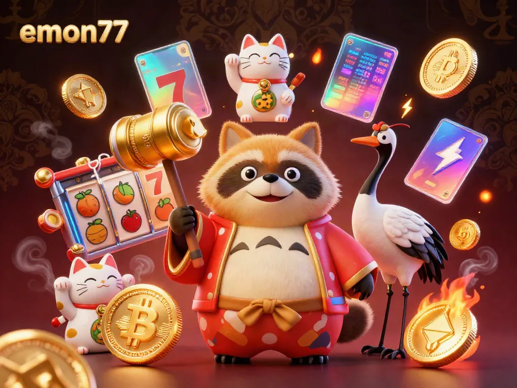 Experience engaging slot action with emon77's vibrant gaming scene, featuring a lucky tanuki and cryptocurrency elements.